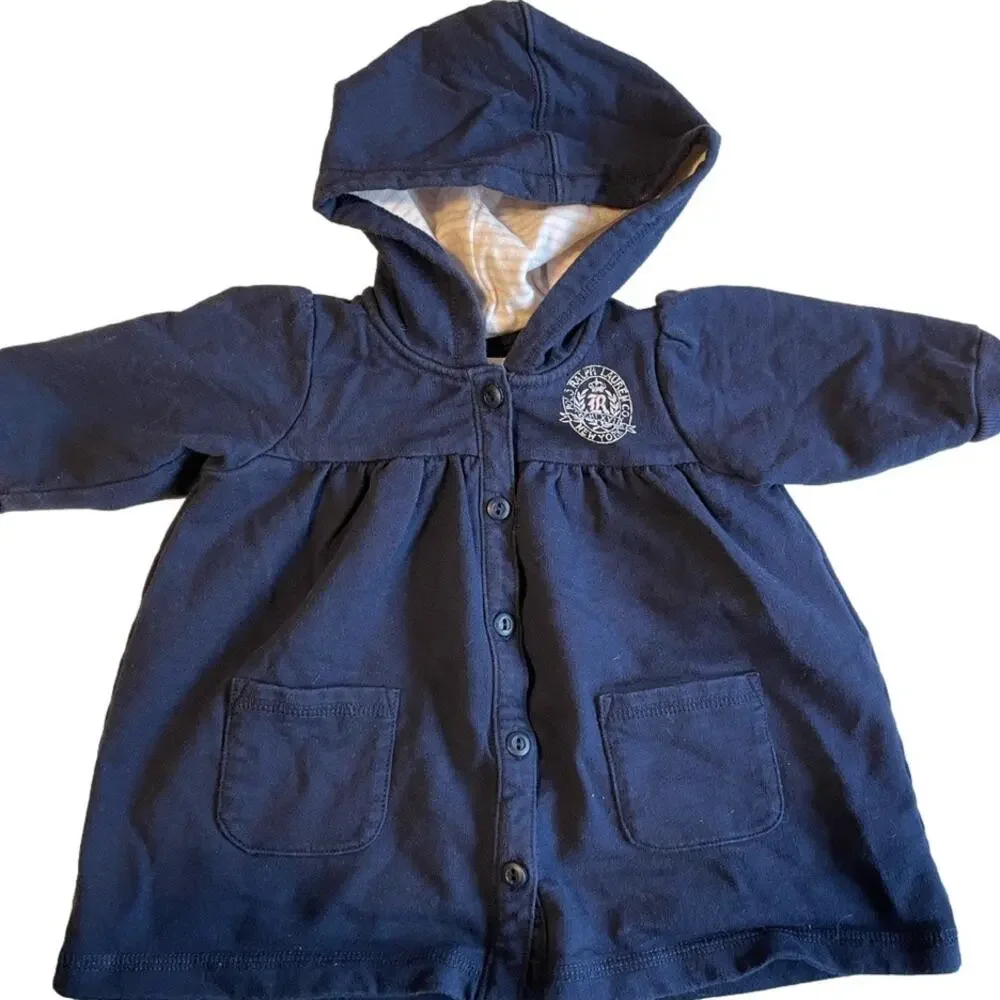 Ralph Lauren blue hooded jacket button pockets logo lined casual Size 9 mo